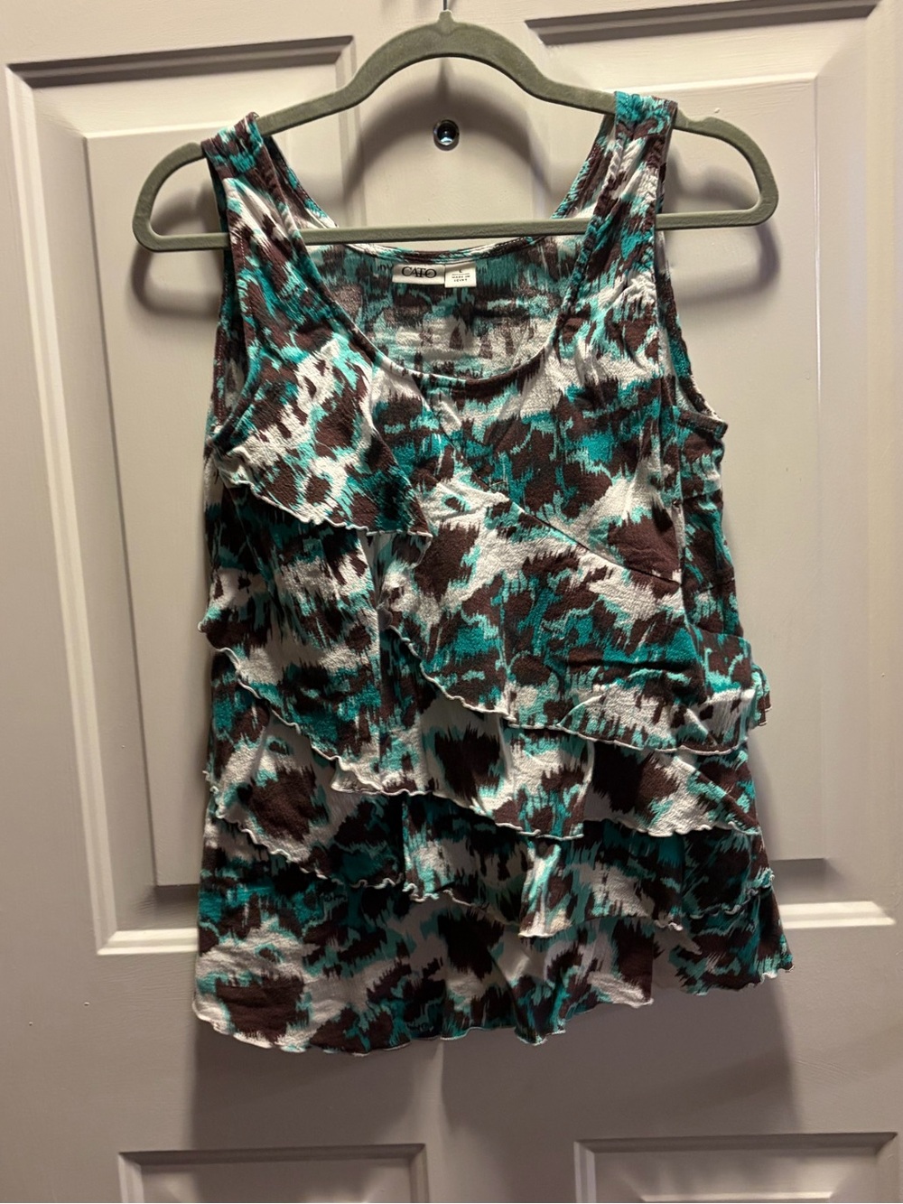 Cato Ruffled Tank Top in Teal, Brown & White